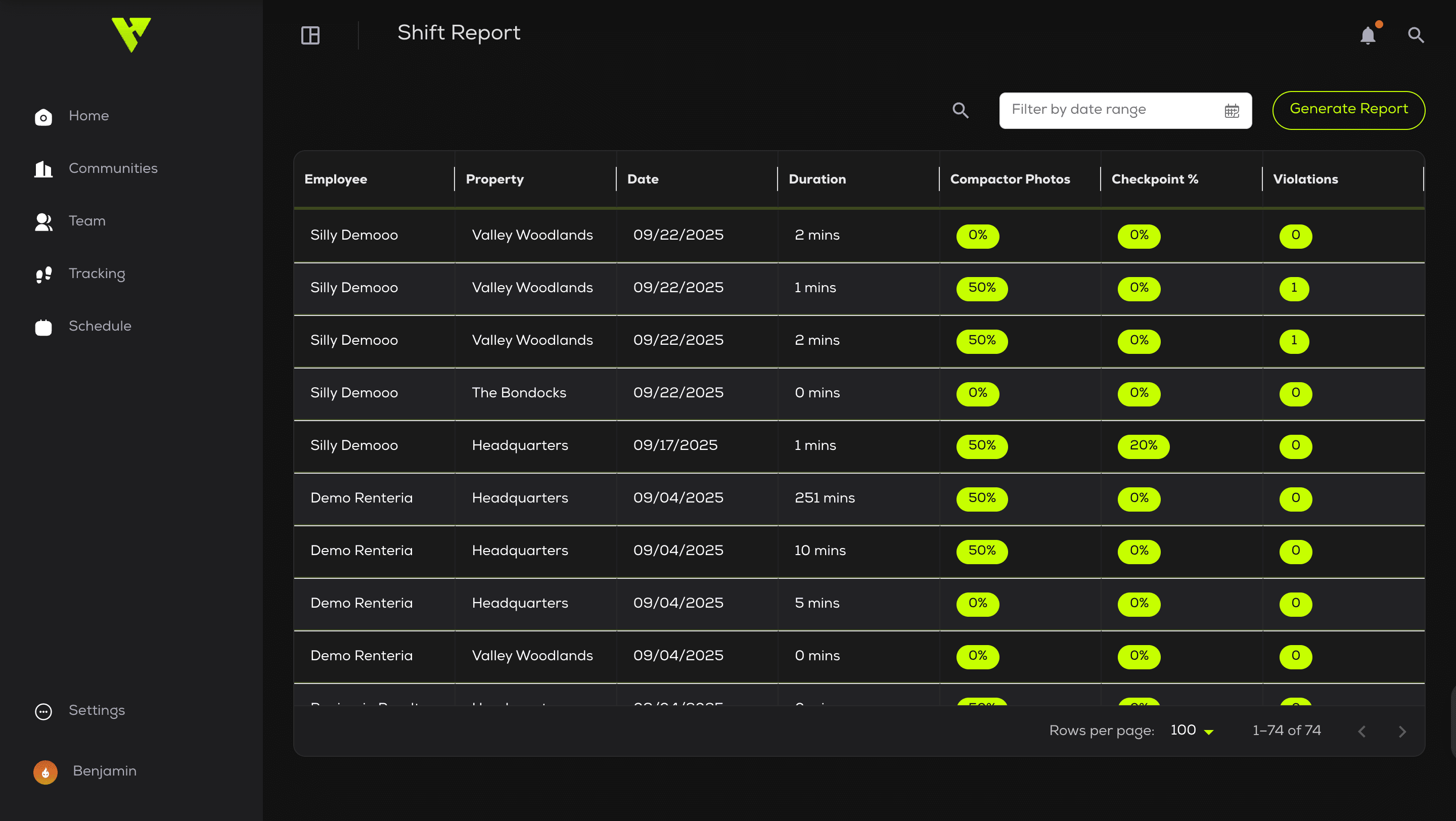 Valet Hero service logs showing proof of completed trash collection work.