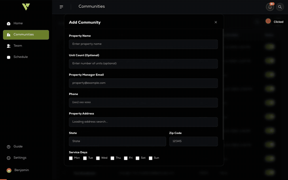 Adding a community: opening the form, filling in name, contact, address and service days, then creating it