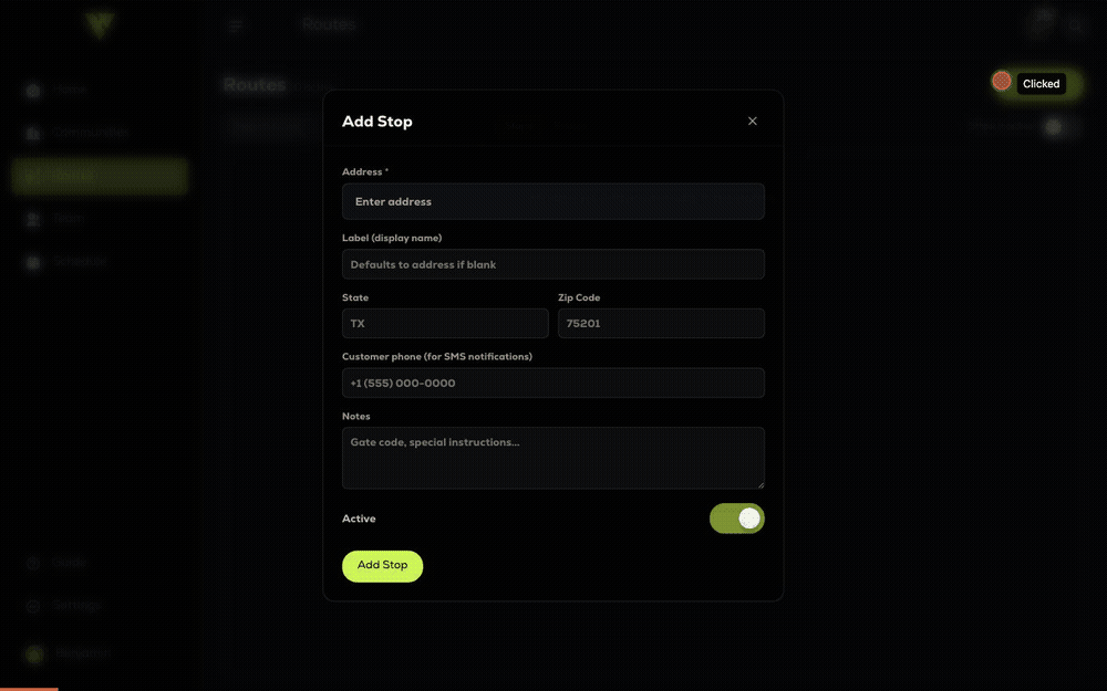 Adding a stop: searching the address, picking a suggestion, adding the customer phone and gate notes, then saving