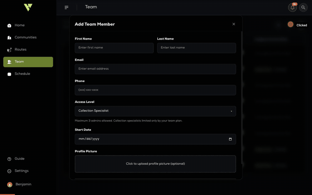 Adding a team member: filling in name, email, phone and access level, then creating them