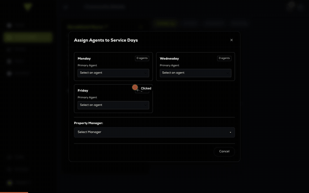 Assigning agents to service days: picking an agent for each night and setting the property manager, then saving