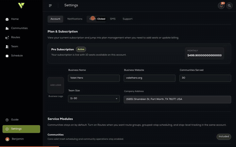 The Operations panel: service feature toggles, shift duration, and the editable list of violation types