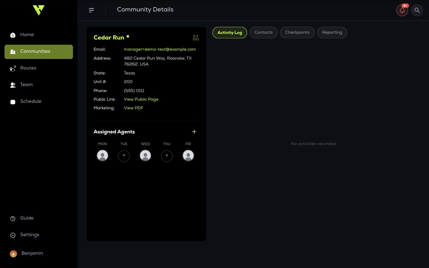 A community profile: contact details, public link, marketing PDF, and an agent avatar for each service day