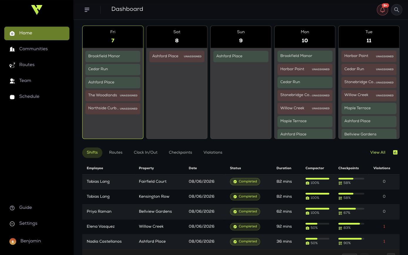 The Home dashboard: this week across the top, recent shifts below with compactor, service proof and violation figures