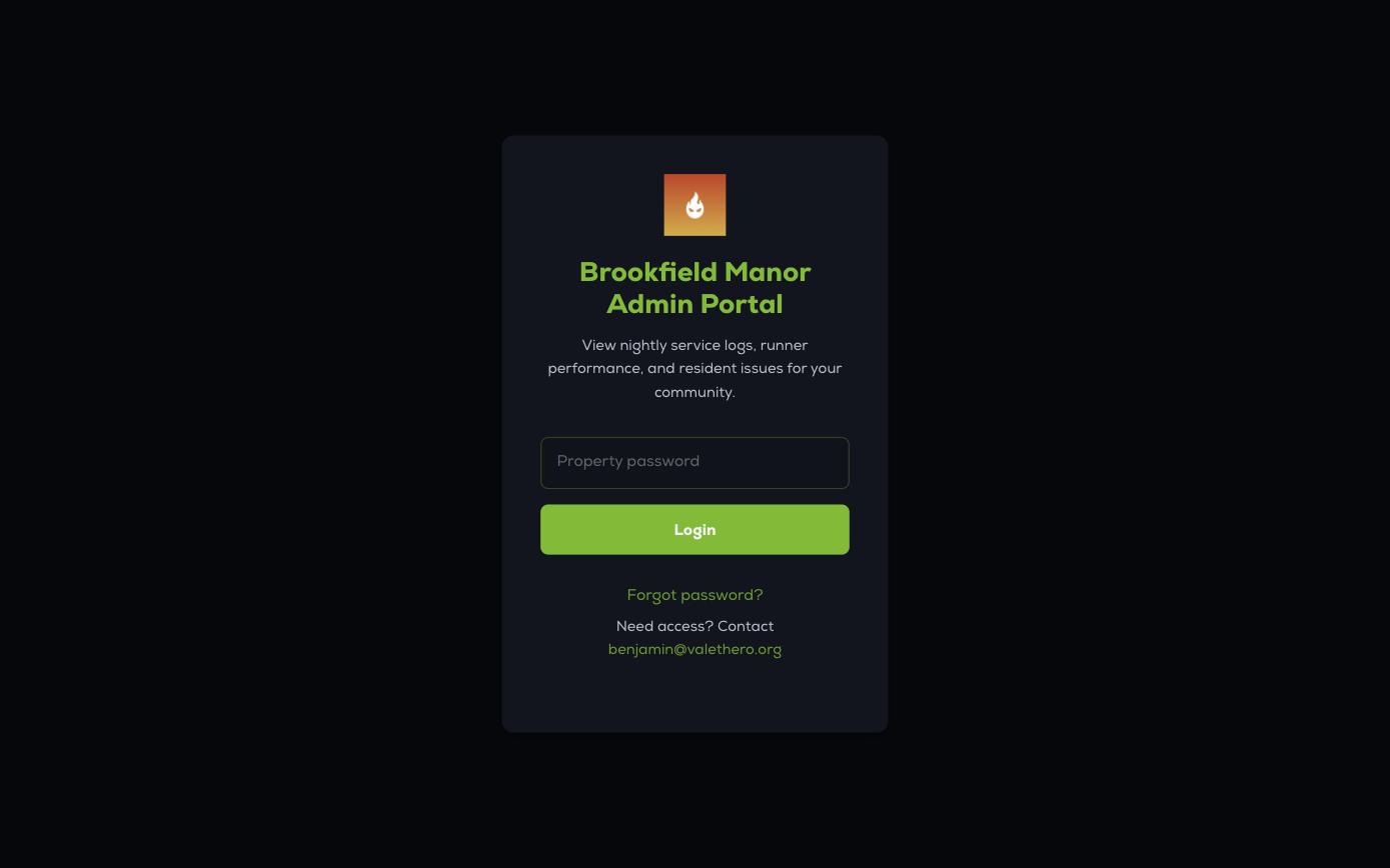 The property manager sign-in screen, carrying the operator logo above the community name and a single password field