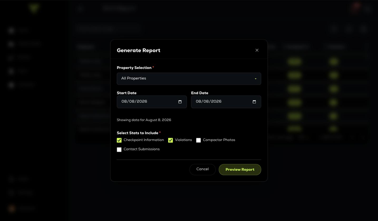 The Generate Report dialog: property selection, start and end dates with the resolved range beneath them, and four stat checkboxes