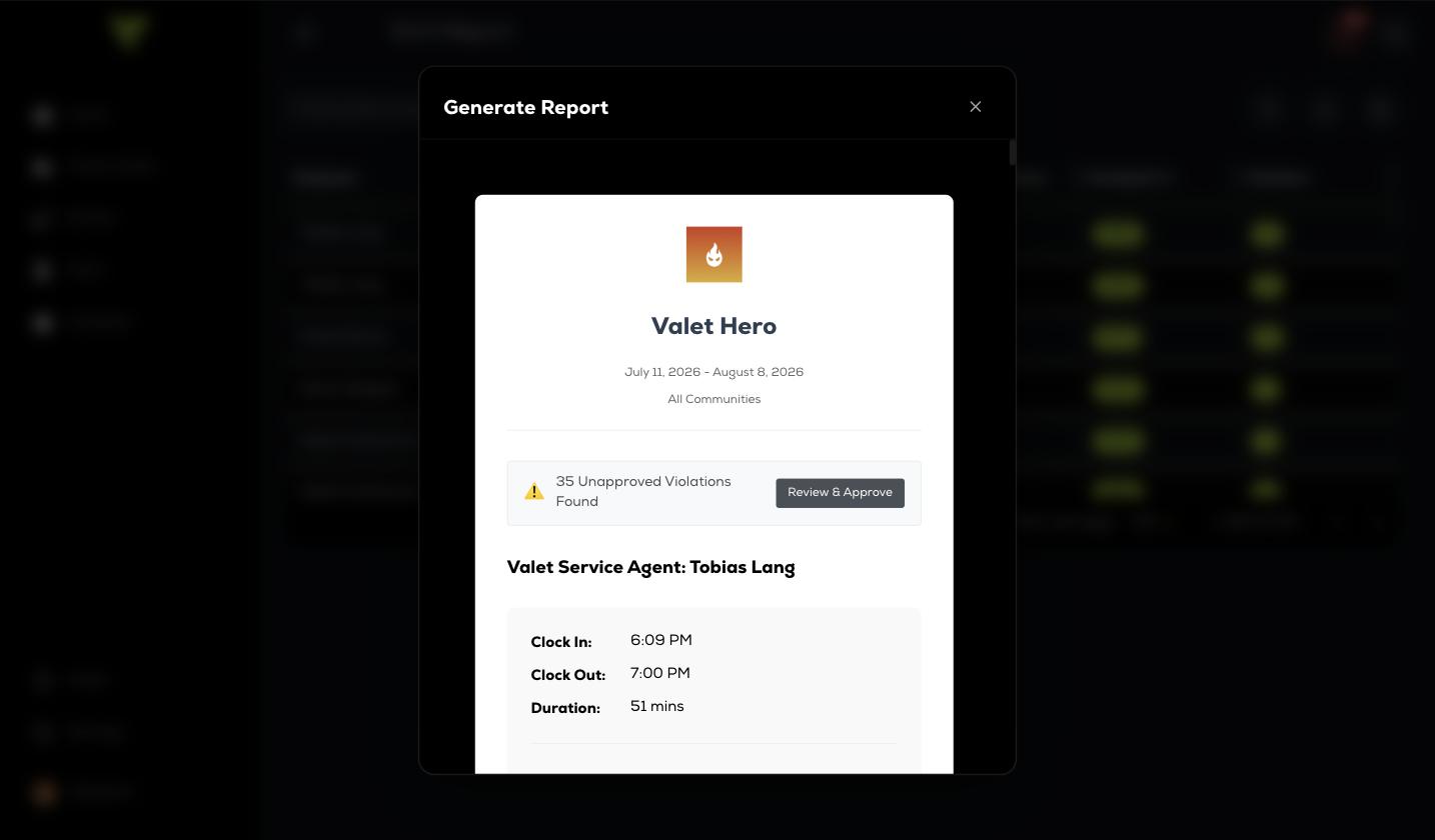 A generated report preview: the operator logo and date range, a warning that unapproved violations were found with a review button, then per-agent clock-in, clock-out and duration