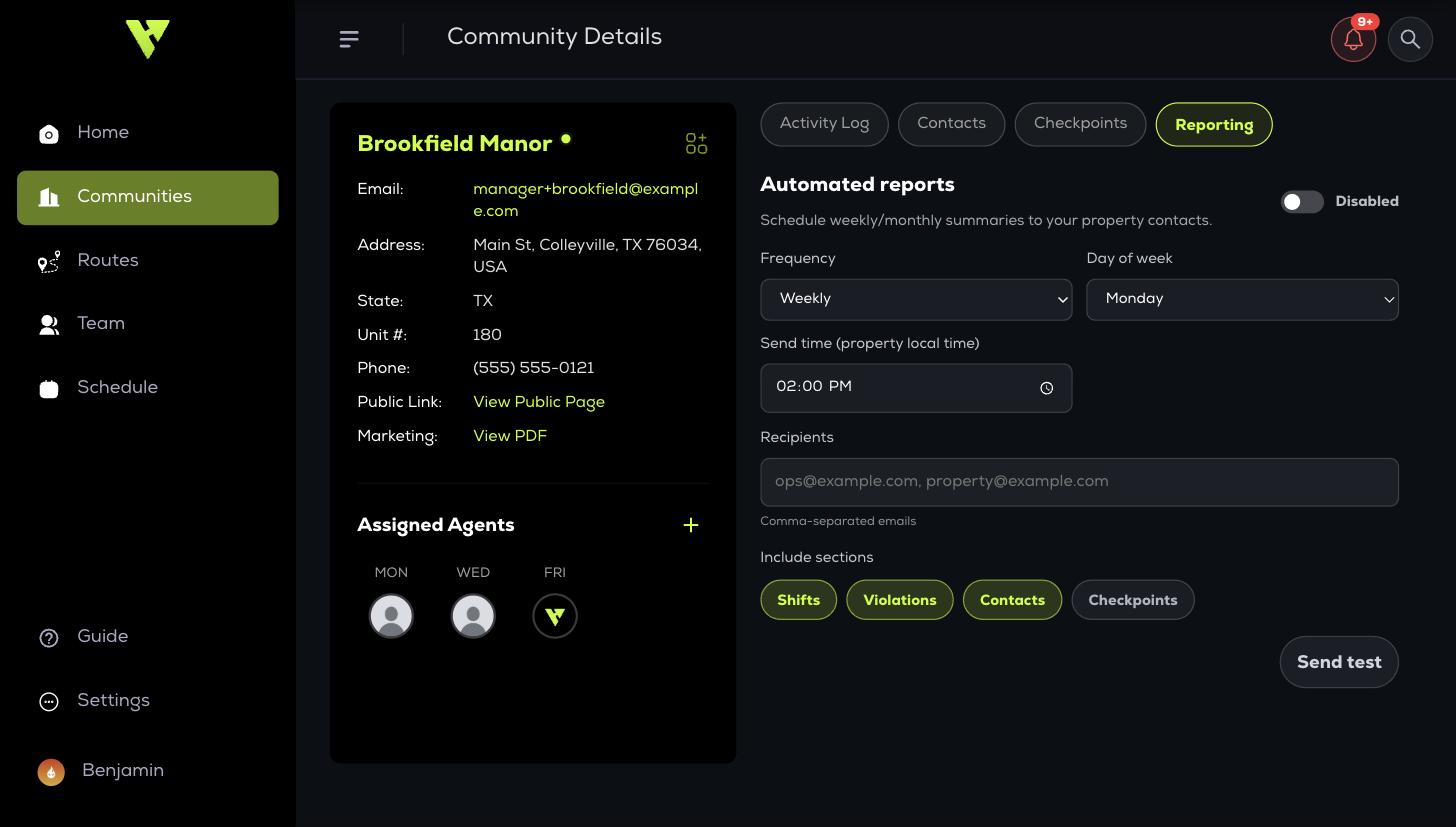 The Reporting tab: frequency and day, send time in the property's local timezone, recipient list, and the four include-section toggles