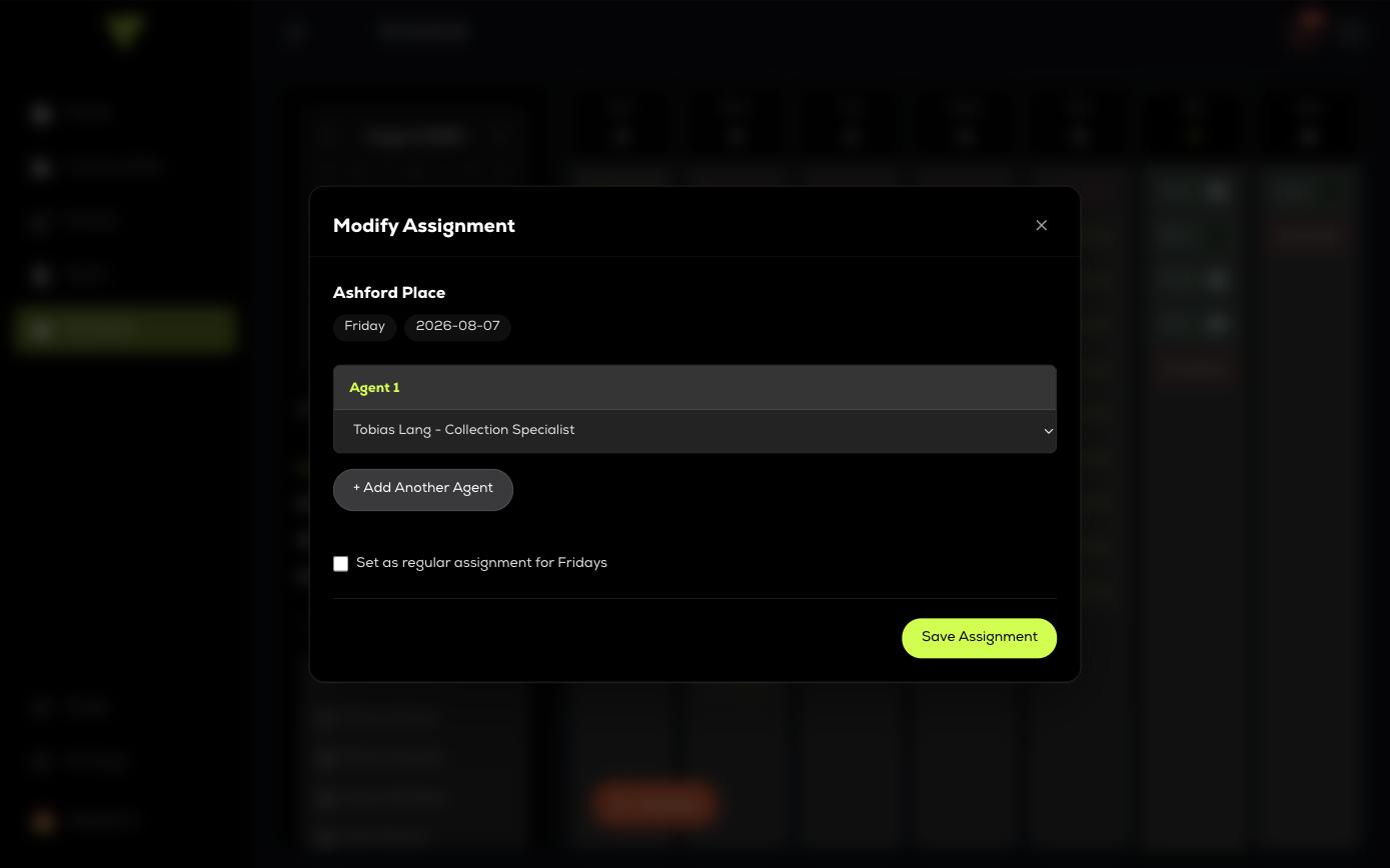 The Modify Assignment dialog: the property and date, the agent on the job, and a checkbox to make it the regular assignment for that weekday