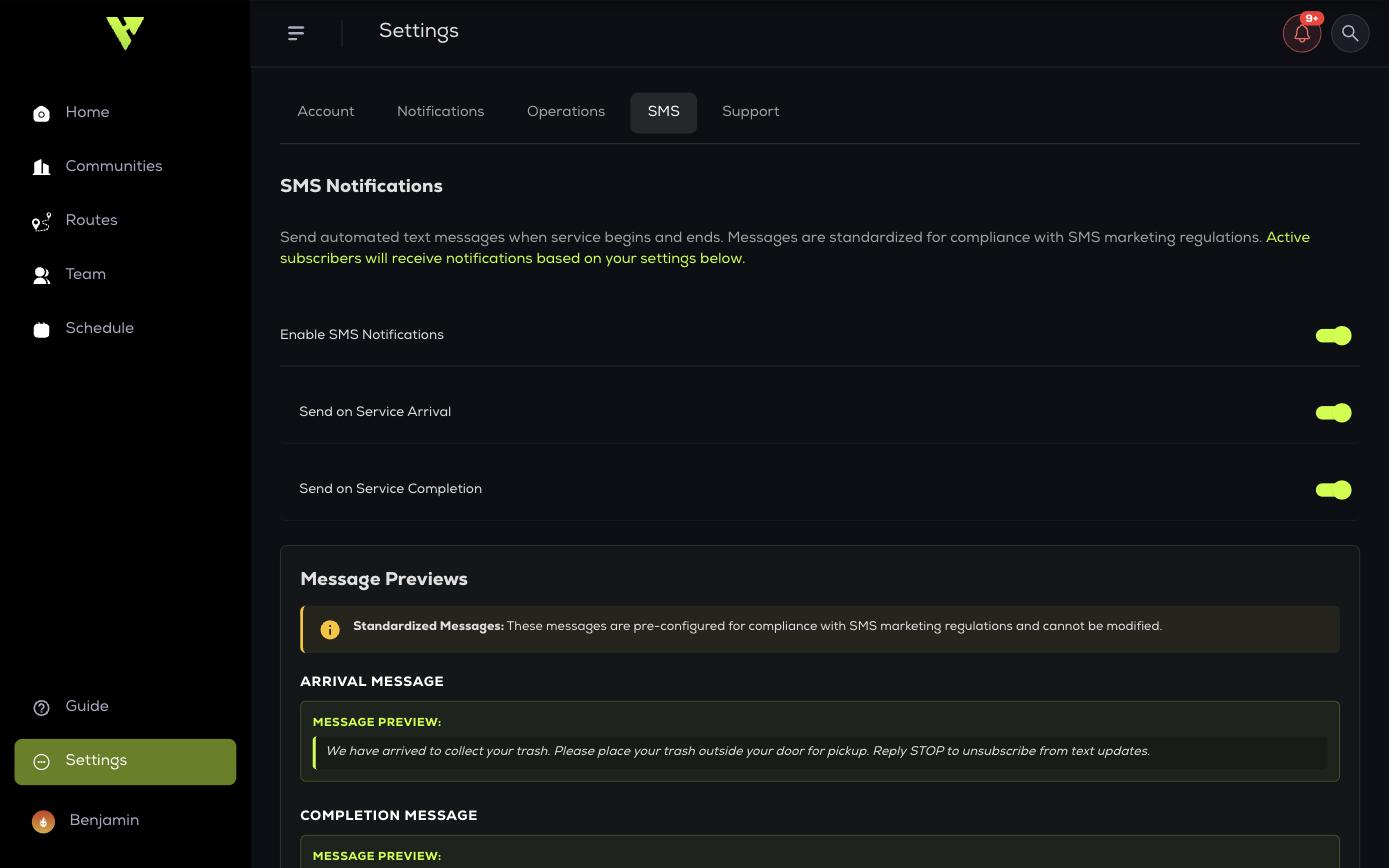 The SMS panel: enable toggle, arrival and completion switches, and the fixed message previews