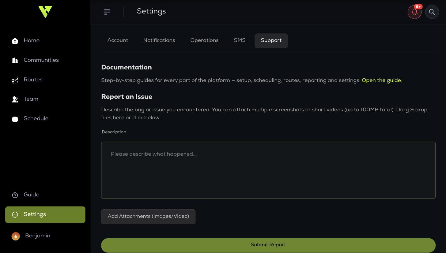 The Support tab: an Open the guide link above the issue report form with its description box and attachment button