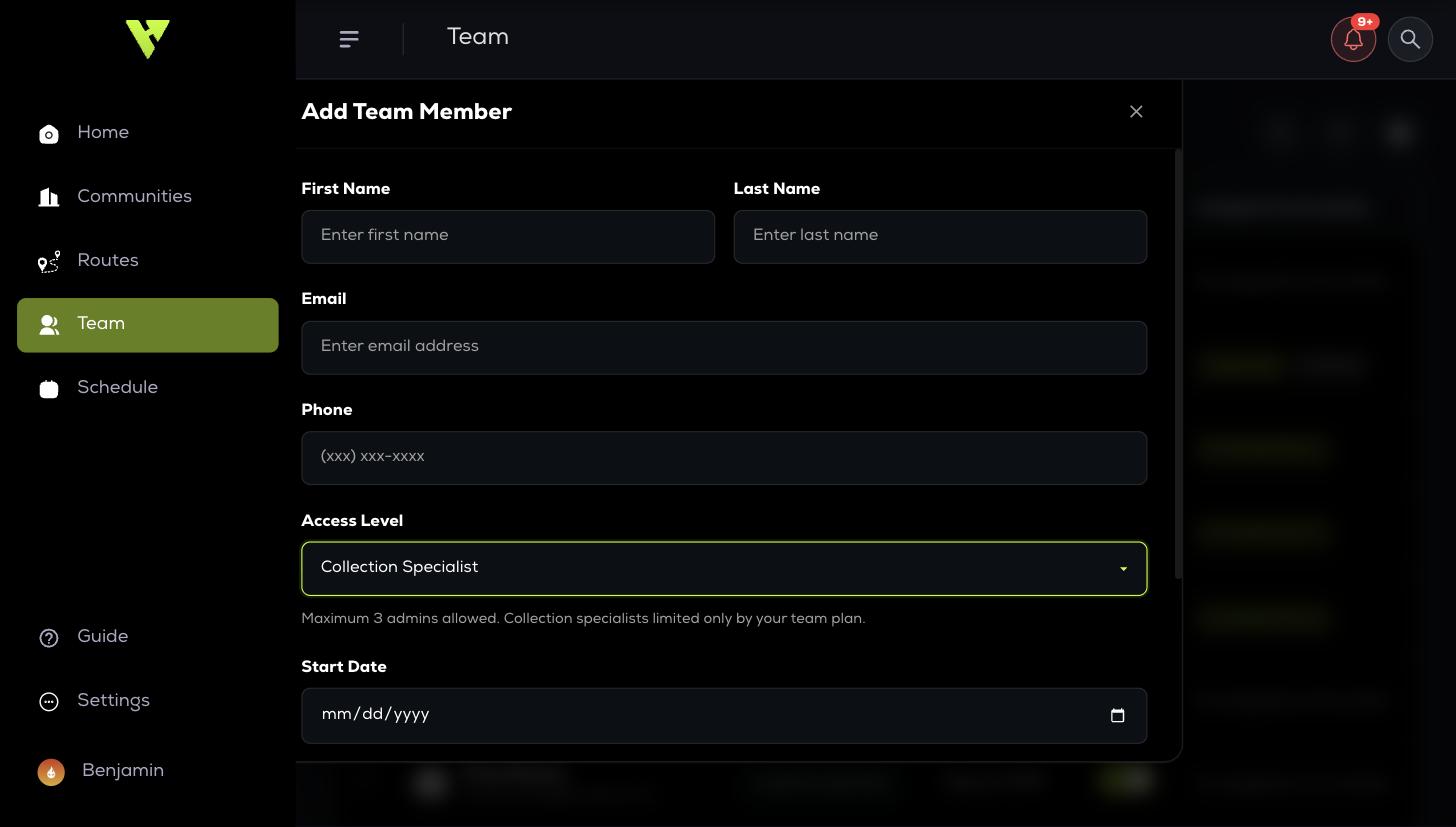 The Add Team Member form, with the Access Level field showing the access rule beneath it