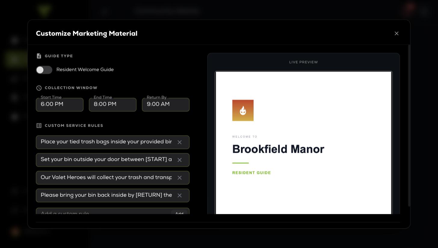 The marketing material editor: guide type, collection window times and editable service rules on the left, a live preview of the branded flyer on the right