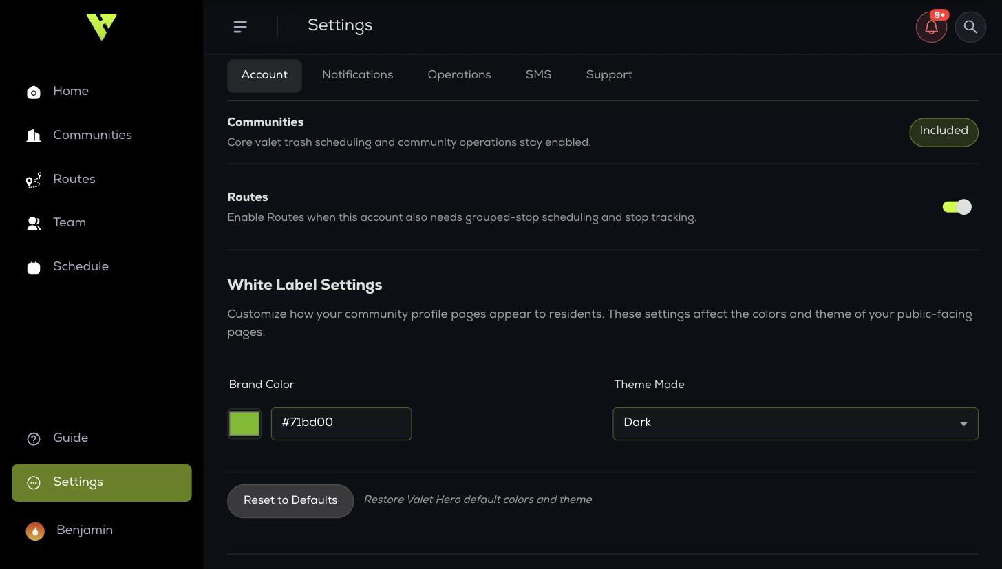 White Label Settings: a brand colour swatch with its hex value and a theme mode selector, above a reset-to-defaults button